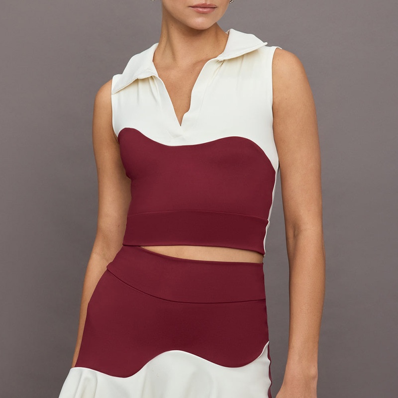 001 Najlepiej sprzedający się zestaw do jogi dla kobiet z bluzką w blokach kolorów i spódniczką do golfa i tenisa, oddychającą i antypoślizgową_voghion.com