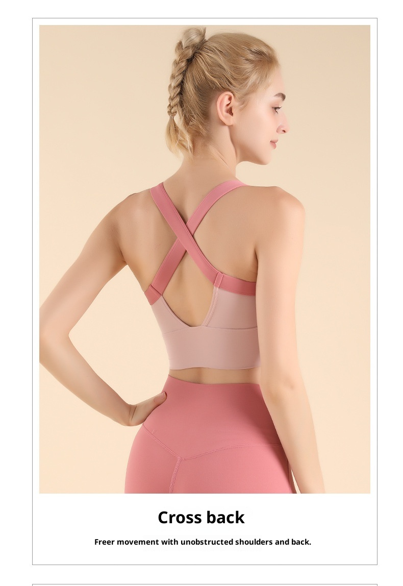 001 Farbblock-Sportset mit Cross-Design, Laufweste, High-Intensity-Yogaweste, Pilates-Fitnessweste mit integriertem Cup, schöne Rückenpartie_voghion.com