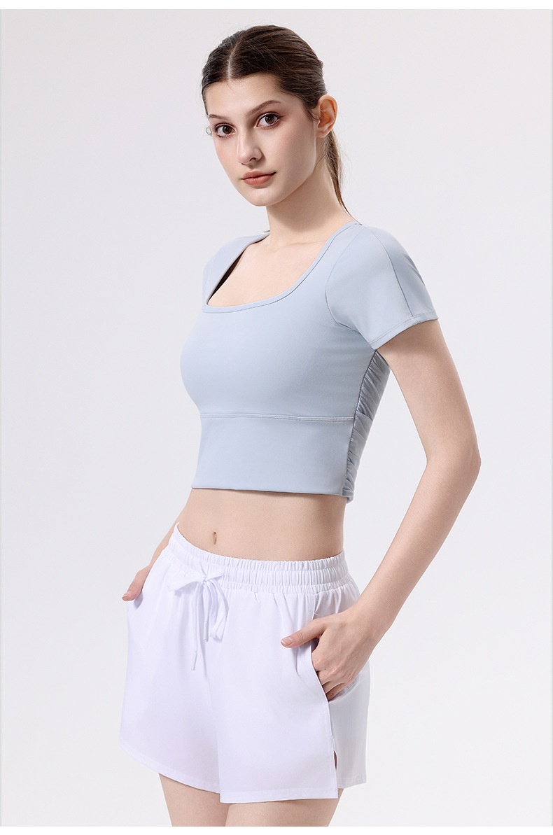 001 Yoga With Chest Pads Women Sports T-Shirt Fitness Tops Quick-Drying Running Short-Sleeved Gym Pilates Training Clothes_voghion.com