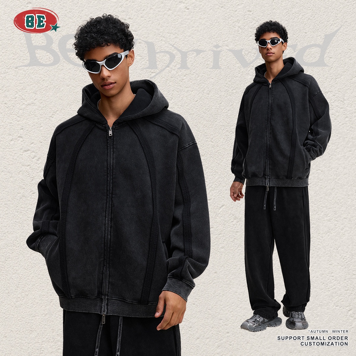 ActiveGo ActiveGo BE Clothing|2025 European And American Trendy Brand Rro Heavy Wax-Dyed Zipper Hoodie Cardigan Men's Fleece Couple_voghion.com