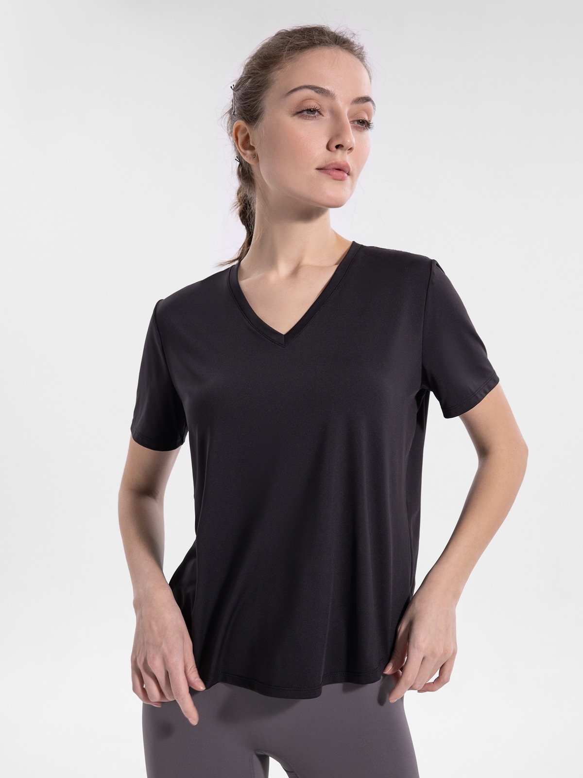 001 Maglietta da yoga con scollo a V taglie forti, a maniche corte, per donna, abbigliamento fitness, primavera estate, maglietta sportiva, corsa all'aperto_voghion.com