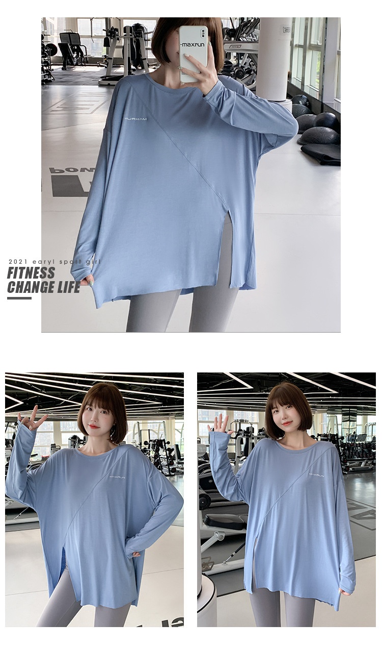 T-shirt de yoga à séchage rapide 001 avec fente, haut de sport ample pour femme, idéal pour la course à pied, grande taille, vêtements de fitness à manches longues_voghion.com