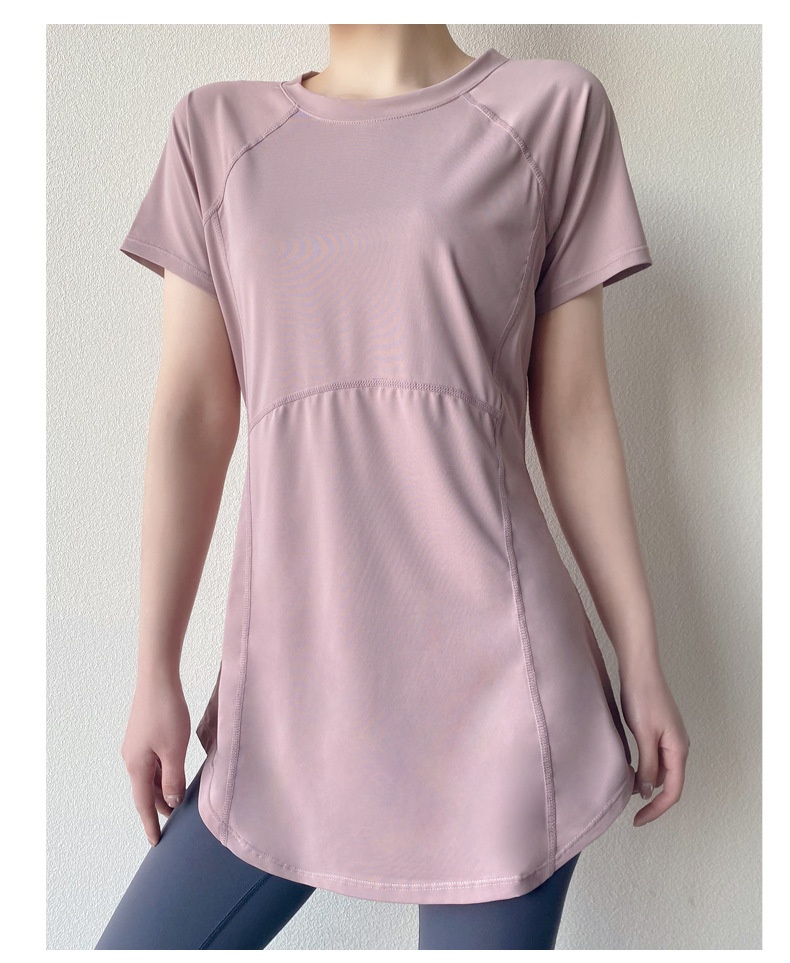 T-shirt de yoga 001 à manches courtes, idéal pour l'été. Coupe mi-longue couvrant les hanches, amincissant, séchage rapide et respirant. Parfait pour le sport et le fitness._voghion.com