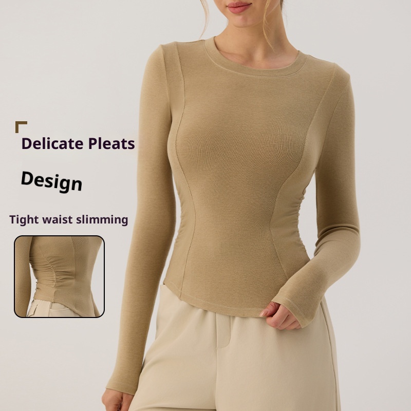 001 Nowa damska koszulka do jogi z długim rękawem i zaokrąglonym dołem, podkreślająca talię, obcisła koszulka do uprawiania sportu, biegania i fitnessu, jesień_voghion.com