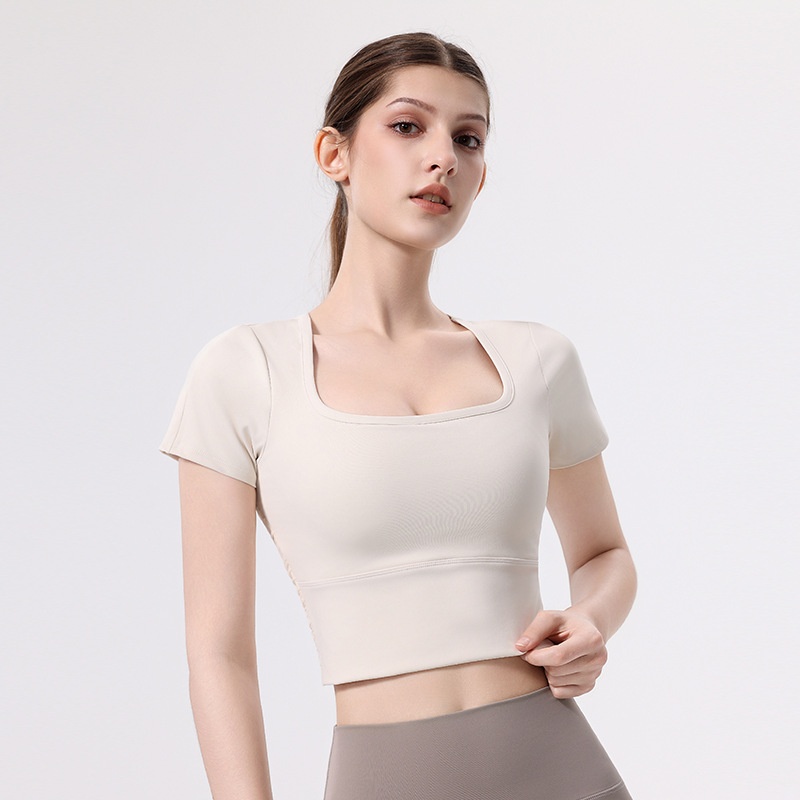 001 Yoga With Chest Pads Women Sports T-Shirt Fitness Tops Quick-Drying Running Short-Sleeved Gym Pilates Training Clothes_voghion.com