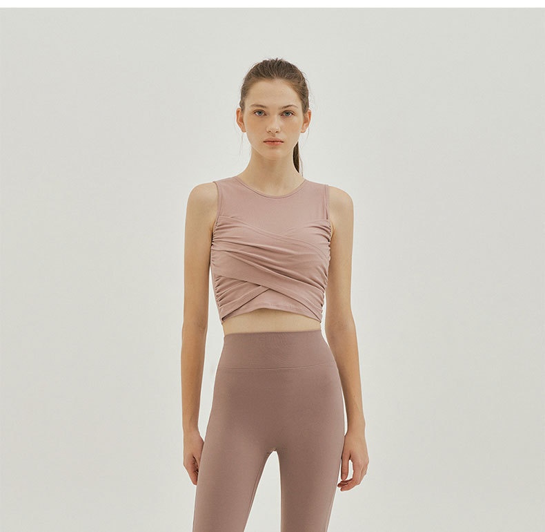 001 Summer New Short Sports Vest For Women Sleeveless T-Shirt Fitness Top Cross Ruched Slim Fit With Chest Pad Yoga Wear_voghion.com