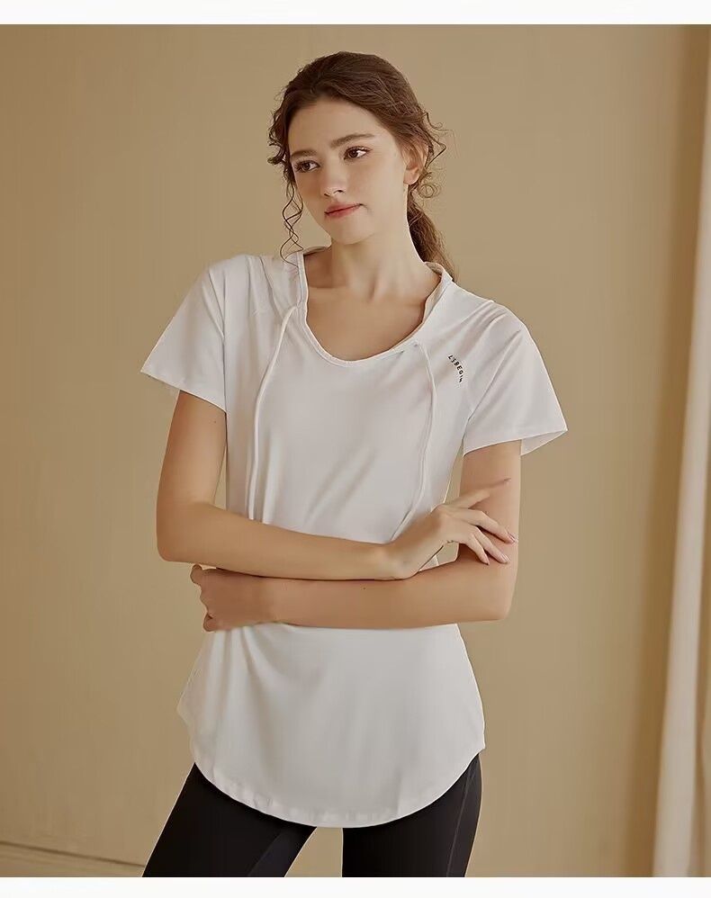 Camiseta deportiva de manga corta para mujer, holgada, adelgazante, de longitud media, con capucha, de secado rápido, para fitness y yoga._voghion.com