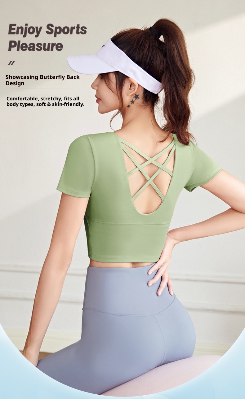 001 Juyitang Beauty Back Yoga Top Short Sleeve Slim Fit Sports Shirt For Women With Chest Pads_voghion.com