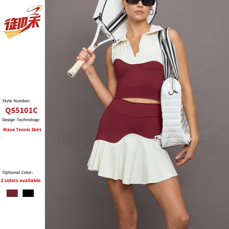 001 Najlepiej sprzedający się zestaw do jogi dla kobiet z bluzką w blokach kolorów i spódniczką do golfa i tenisa, oddychającą i antypoślizgową_voghion.com