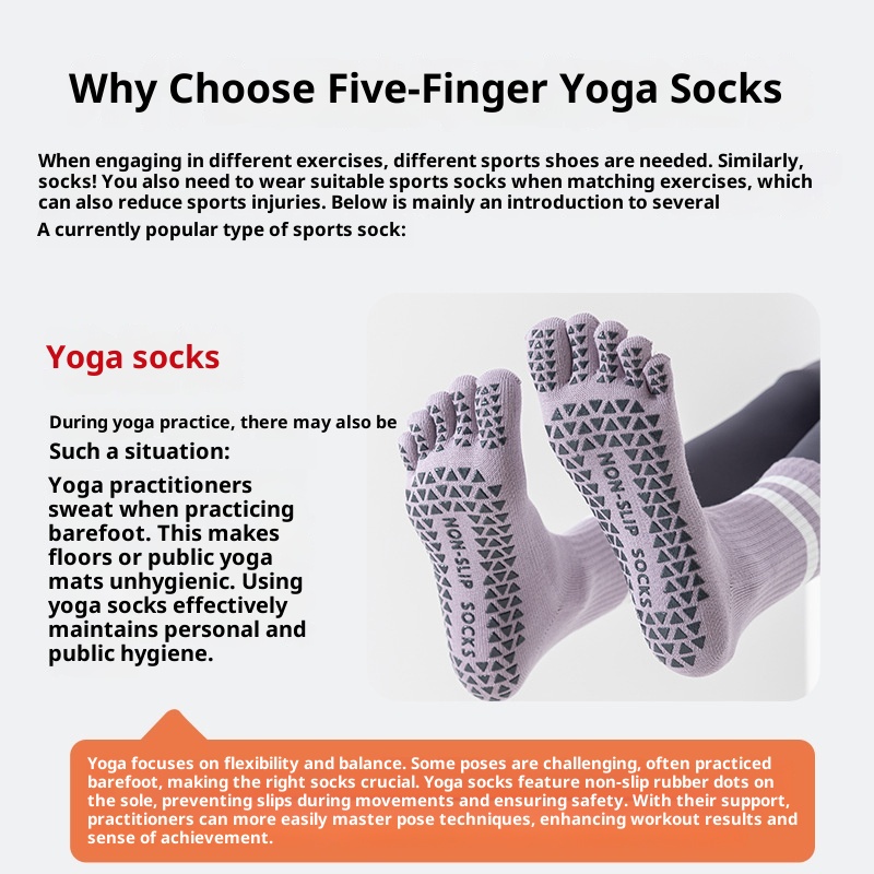 Chaussettes de yoga et de pilates d'intérieur Zhuji pour femmes, en pur coton, à cinq orteils, antidérapantes et tubulaires, avec séparateur d'orteils. Modèle 001._voghion.com