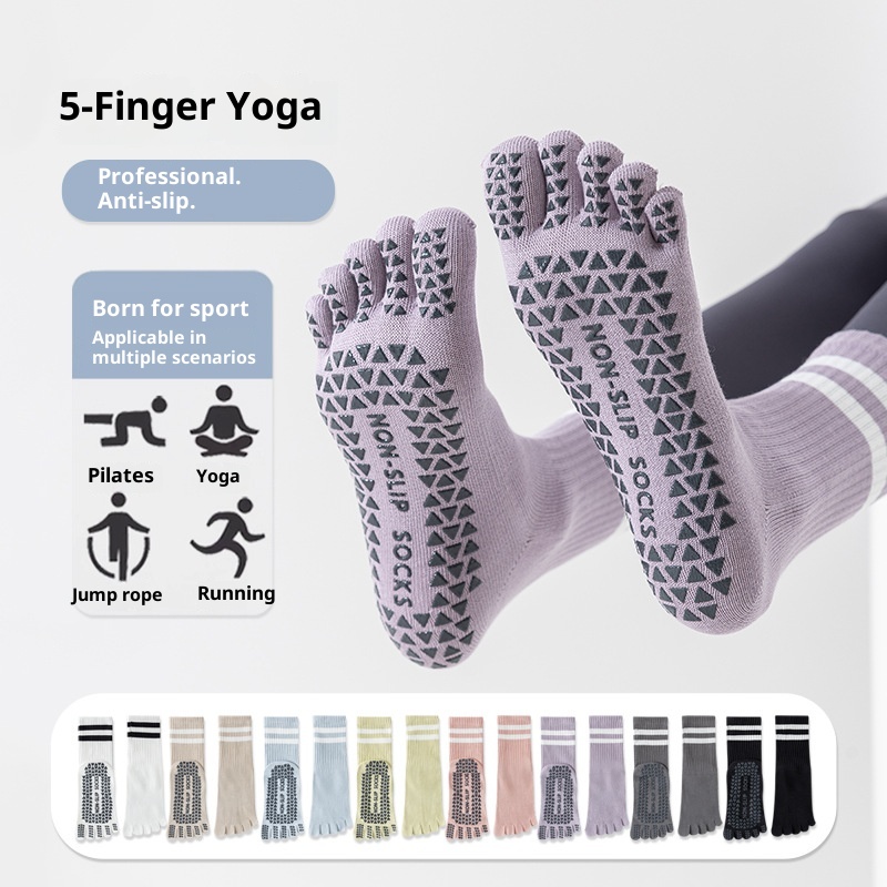 Chaussettes de yoga et de pilates d'intérieur Zhuji pour femmes, en pur coton, à cinq orteils, antidérapantes et tubulaires, avec séparateur d'orteils. Modèle 001._voghion.com