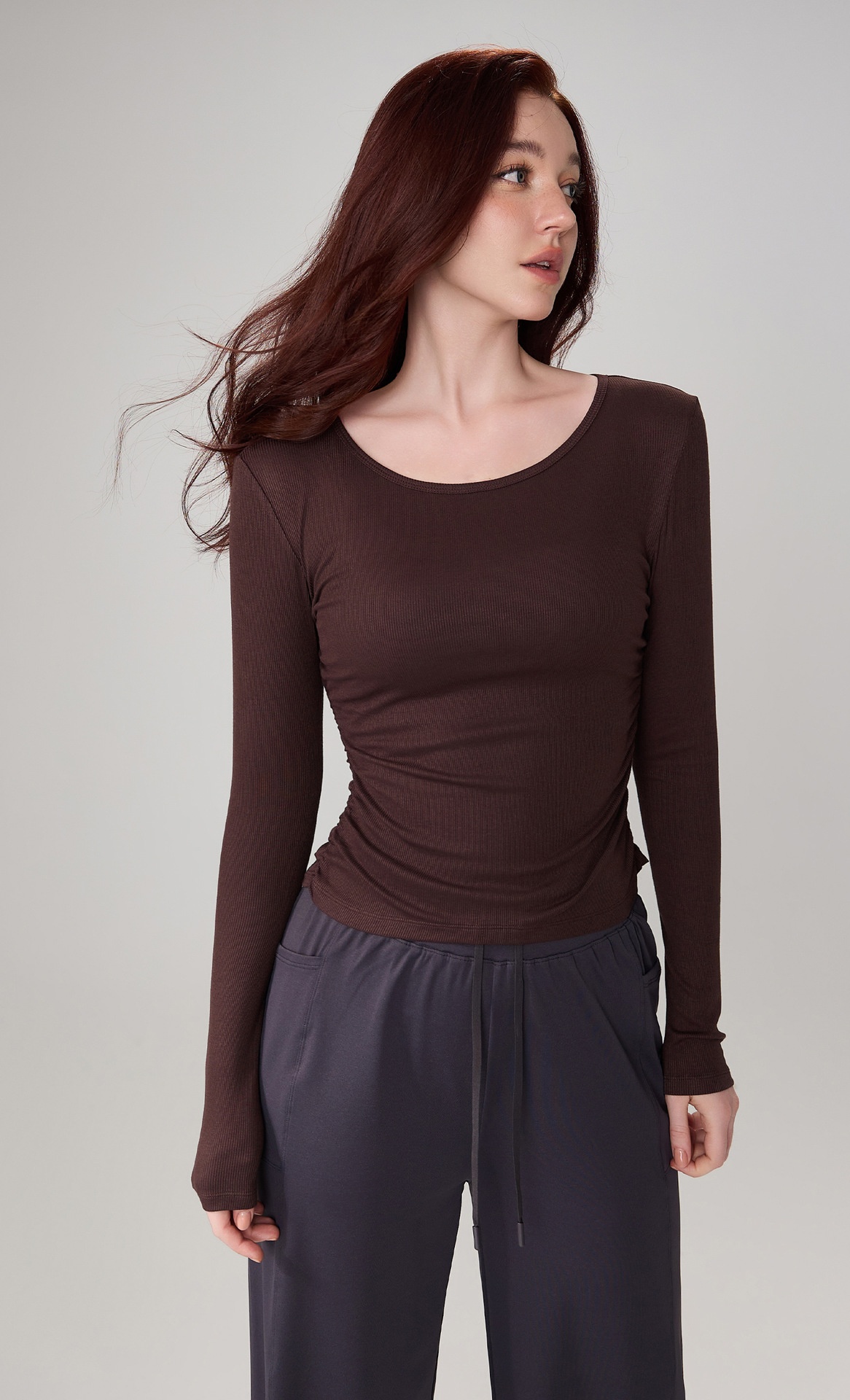 001 Premium-Damenbekleidung, gerippter Modal-Strandüberwurf für den Herbst, Pilates-Trainings-Langarm-Sporttop mit lockerer Passform, locker geschnitten_voghion.com