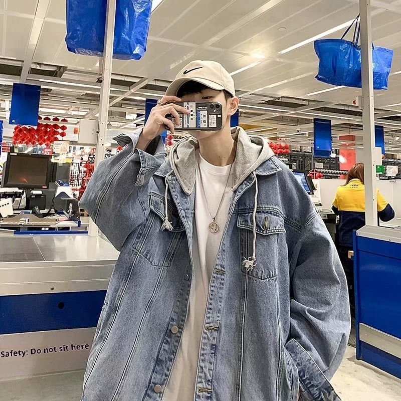 ActiveGo ActiveGo Men's Denim With Hood Korean Trendy Retro Brand European And Street American Handsome Hong Kong Style Jacket_voghion.com