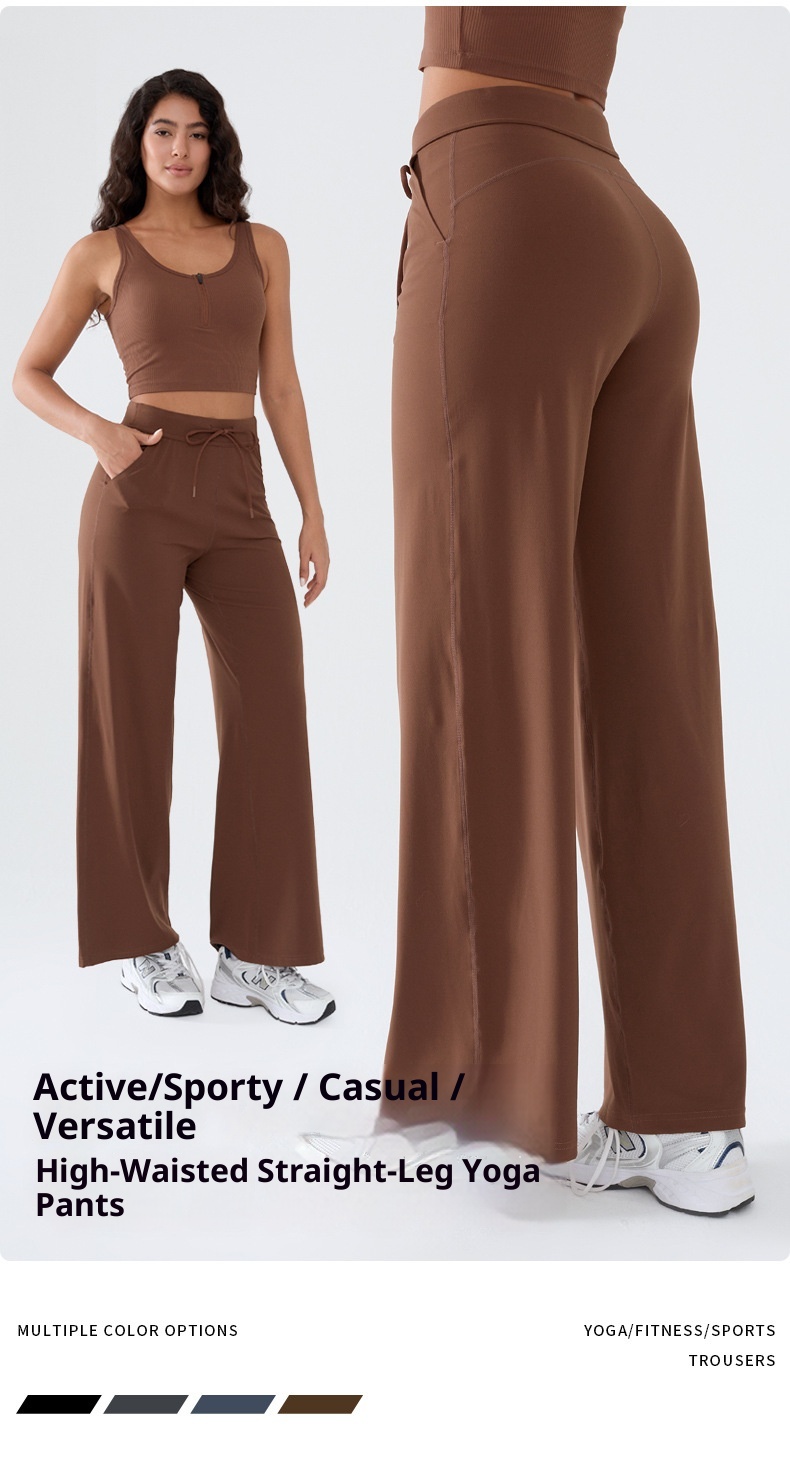 001 Damen Freizeit-Sporthose, locker geschnitten, schnelltrocknend, gerader Schnitt, hoher Bund, Bauchkontrolle, Yogahose, weites Bein_voghion.com
