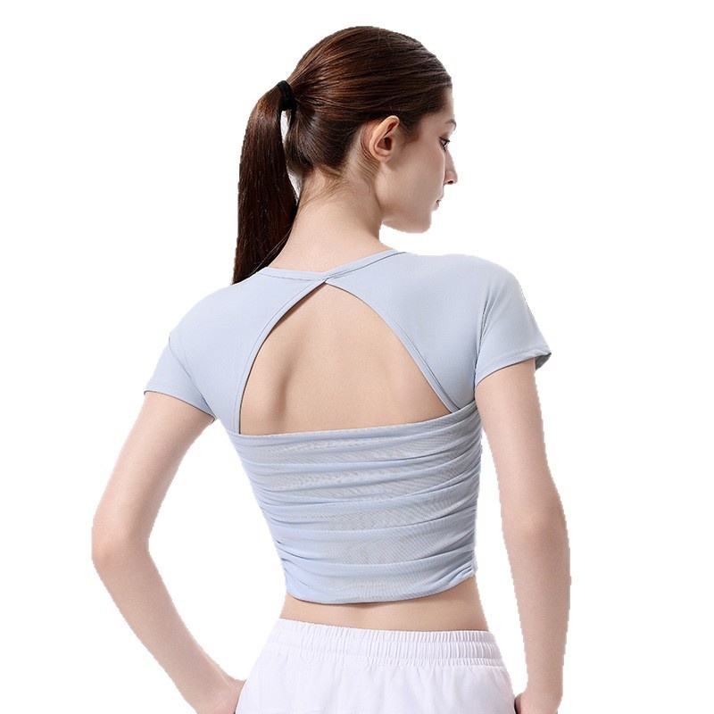 001 Yoga With Chest Pads Women Sports T-Shirt Fitness Tops Quick-Drying Running Short-Sleeved Gym Pilates Training Clothes_voghion.com