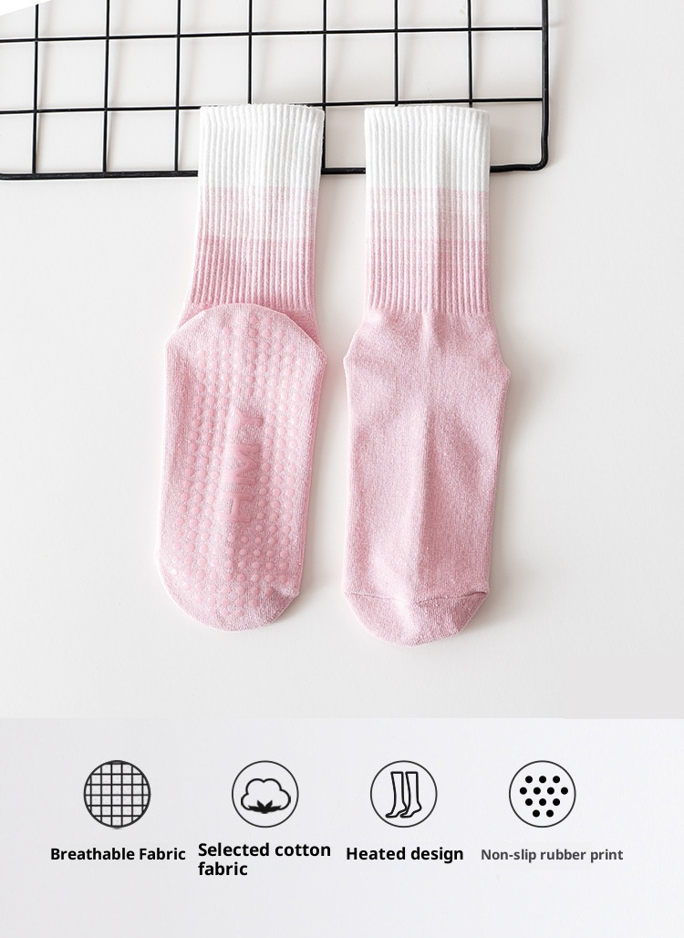 Chaussettes de yoga mi-mollet antidérapantes en silicone, couleur dégradée, pour femmes, idéales pour le fitness, le Pilates et la danse (vente en gros)._voghion.com