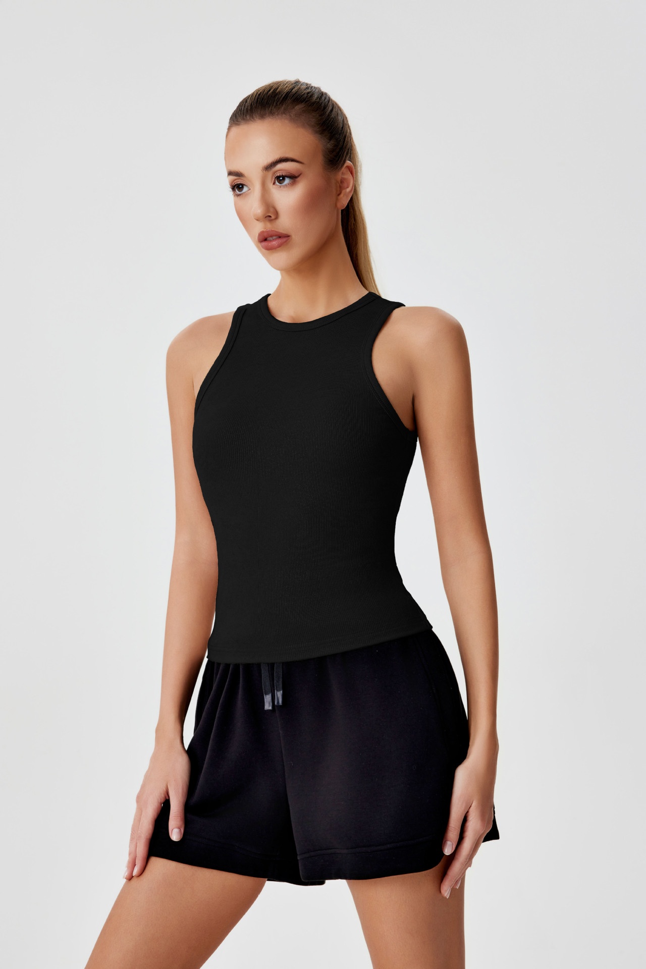 001 Cross-border Ribbed Shiny Silk Nude Top For Women, Sweat-absorbing Sports Sleeveless Vest, Round Neck Summer Outdoor_voghion.com