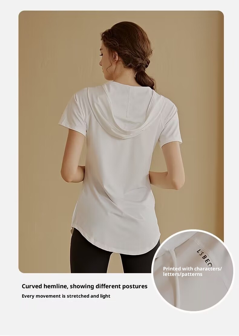 Camiseta deportiva de manga corta para mujer, holgada, adelgazante, de longitud media, con capucha, de secado rápido, para fitness y yoga._voghion.com