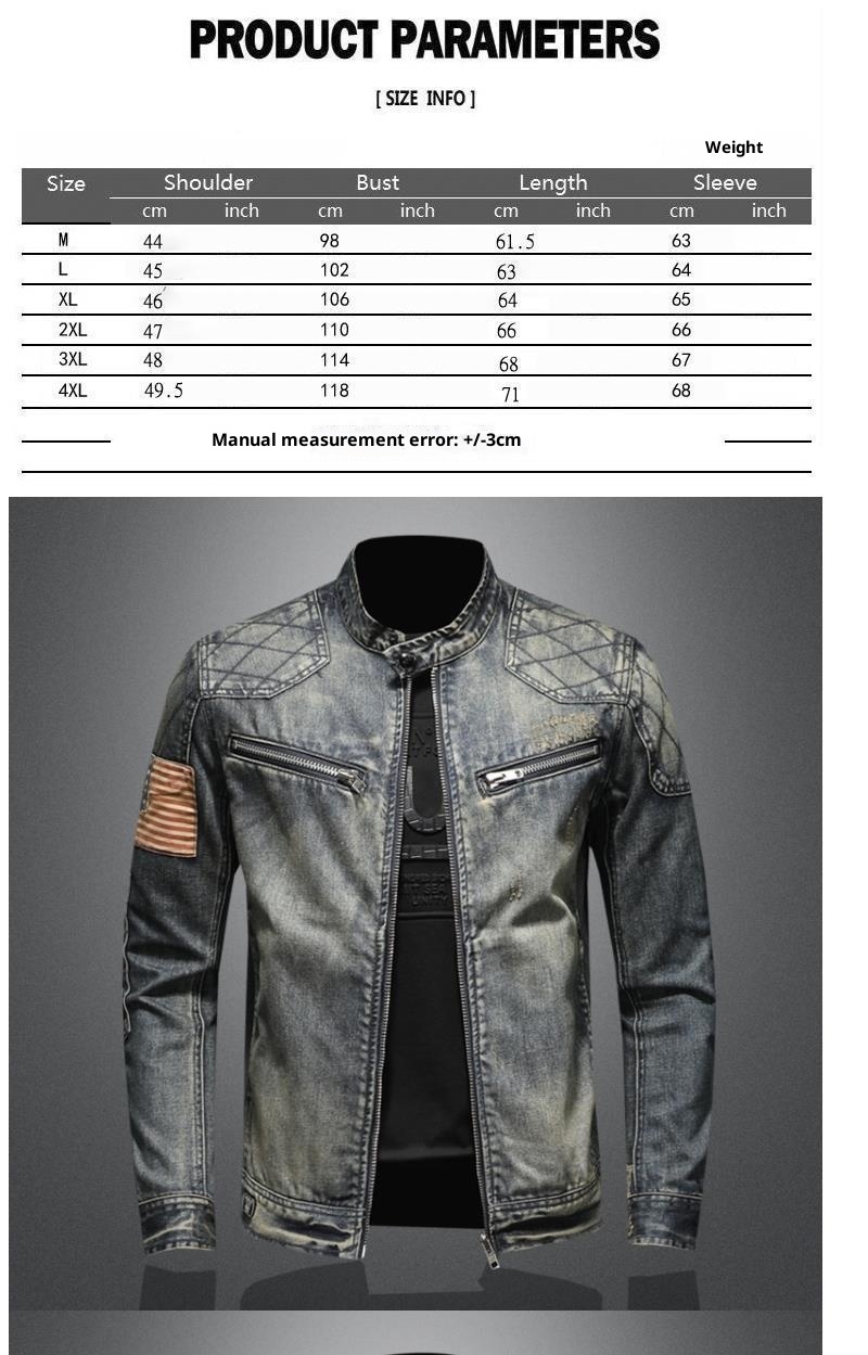 ActiveGo ActiveGo 2024 Spring Autumn Retro Denim Men's Trendy Brand European And American Street Style Motorcycle Workwear Stand Collar_voghion.com