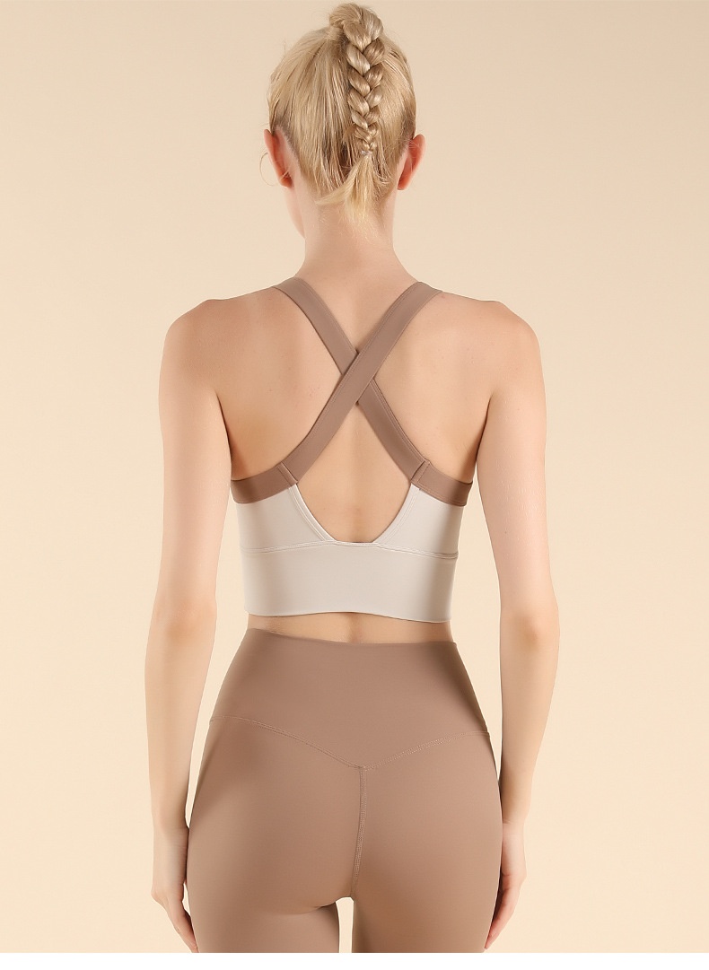 001 Farbblock-Sportset mit Cross-Design, Laufweste, High-Intensity-Yogaweste, Pilates-Fitnessweste mit integriertem Cup, schöne Rückenpartie_voghion.com