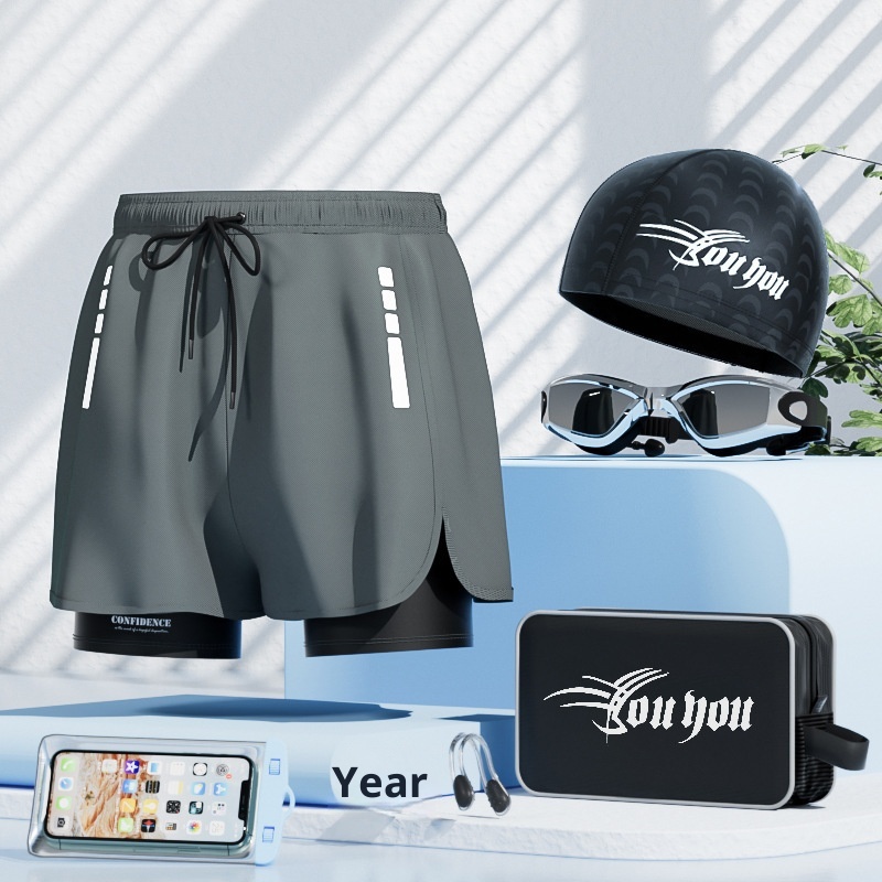 001 Men's Swim Trunks Anti-Embarrassment New Quick-Dry Plus Size Boxer Swimwear Professional Hot Spring Swimming Full Set_voghion.com