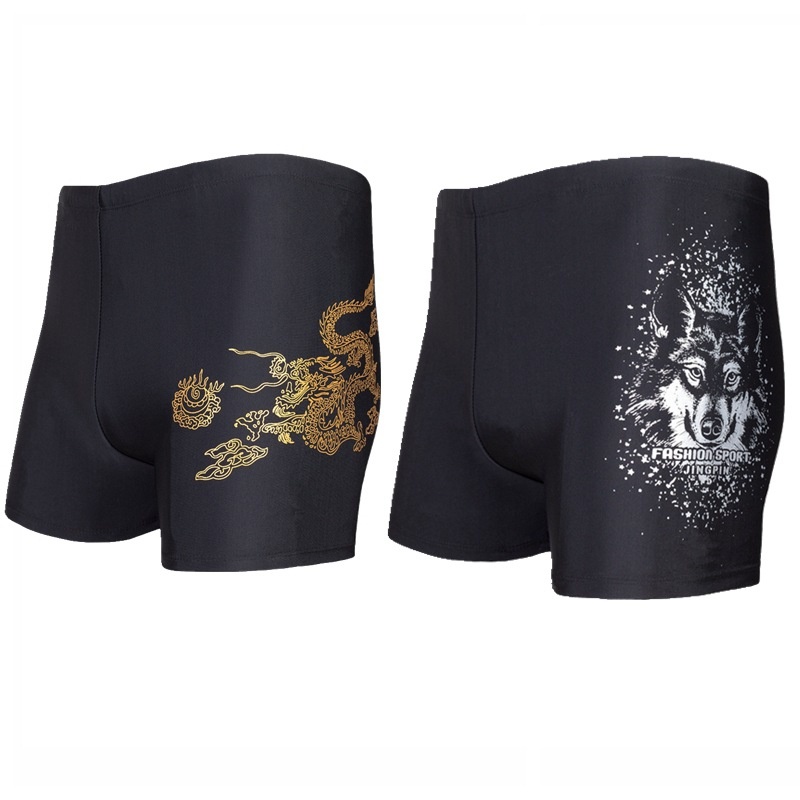 001 Polyester-Badehose für Erwachsene, Übergröße L, Herren, Drachen- und Wolfsmotiv, hoher Bund, schnelltrocknend, bedruckt_voghion.com