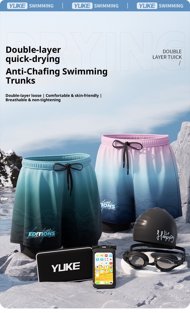 001 Men's Swimming Trunks Adult Five-Point Double-Layer Anti-Embarrassment Professional Training Quick-Dry Plus Size Beach_voghion.com