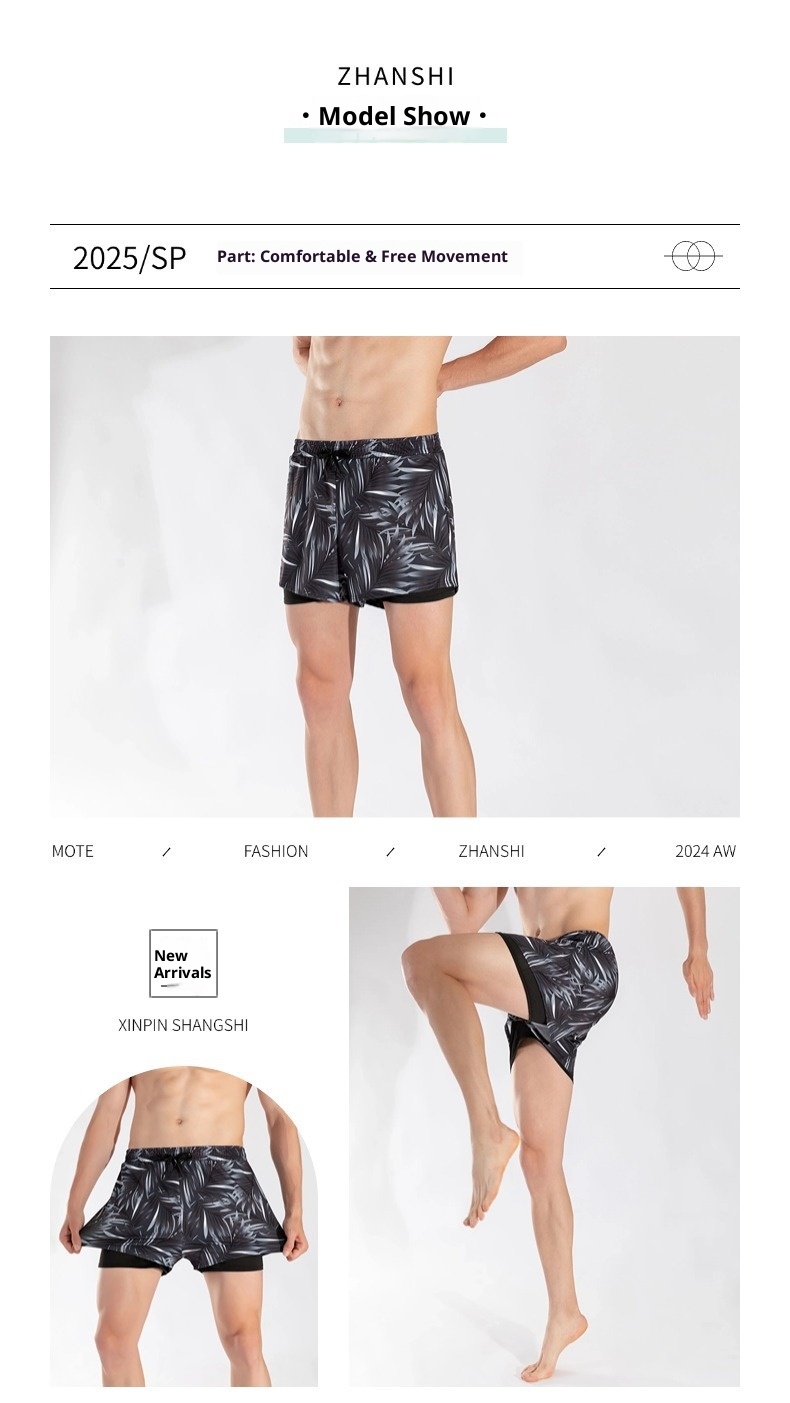 001 Summer New Men's Swim Trunks Anti-Embarrassment Double Layer Quick-Dry Boxer Adult Three-Quarter Swimming Running Hot_voghion.com