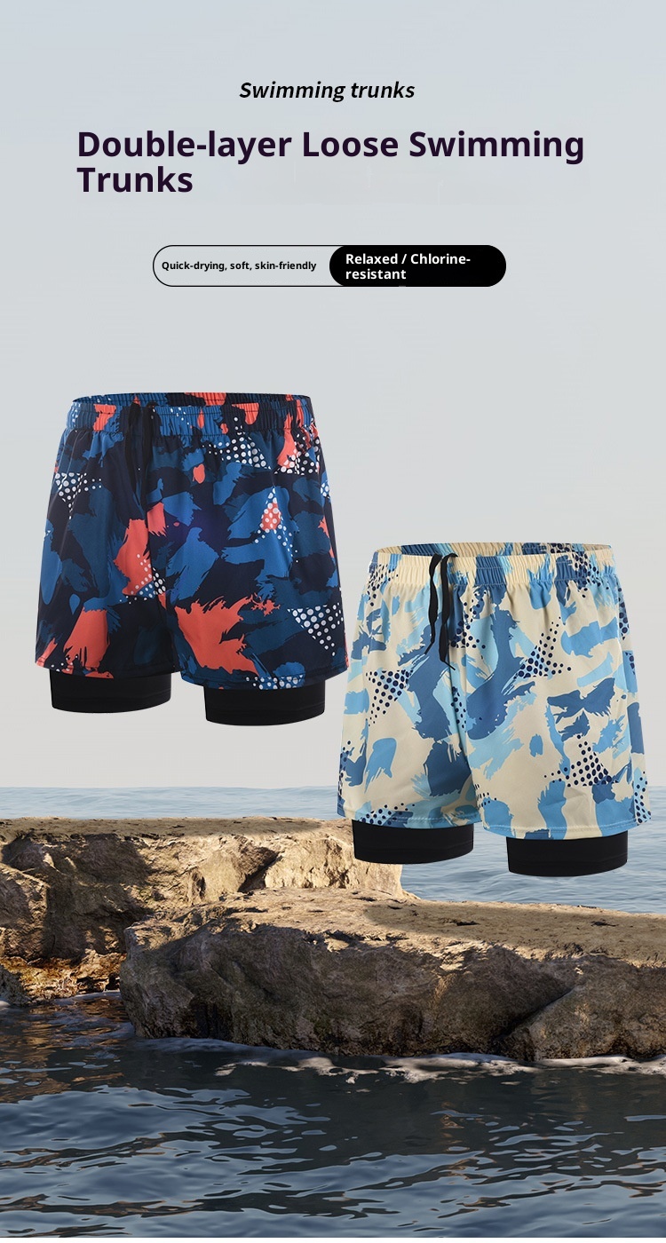 001 Neue, schnelltrocknende, doppellagige, bedruckte Badehose in Übergröße mit Anti-Peinlichkeits-Effekt – Professionelle Herren-Bademode_voghion.com