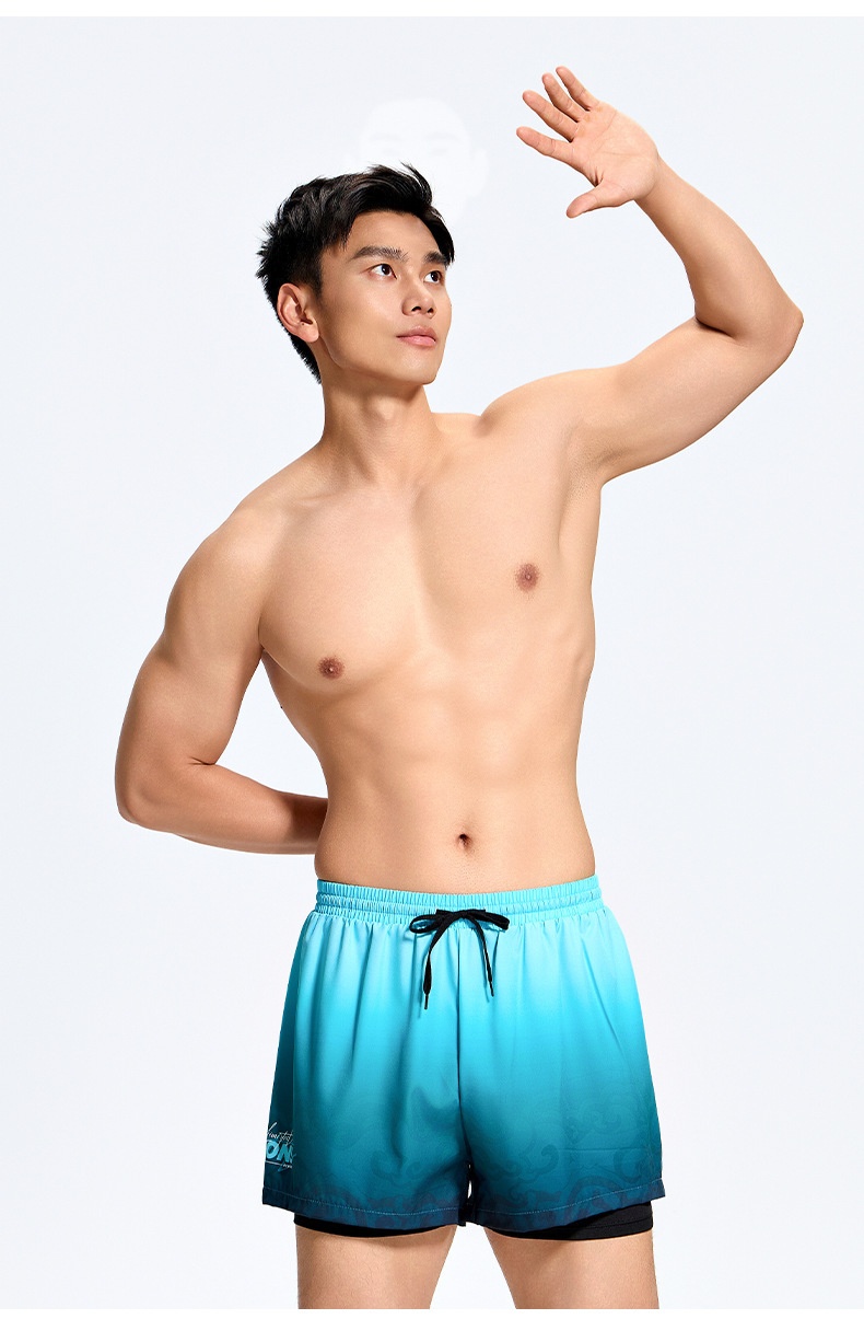 001 Men's Swimming Trunks Adult Five-Point Double-Layer Anti-Embarrassment Professional Training Quick-Dry Plus Size Beach_voghion.com