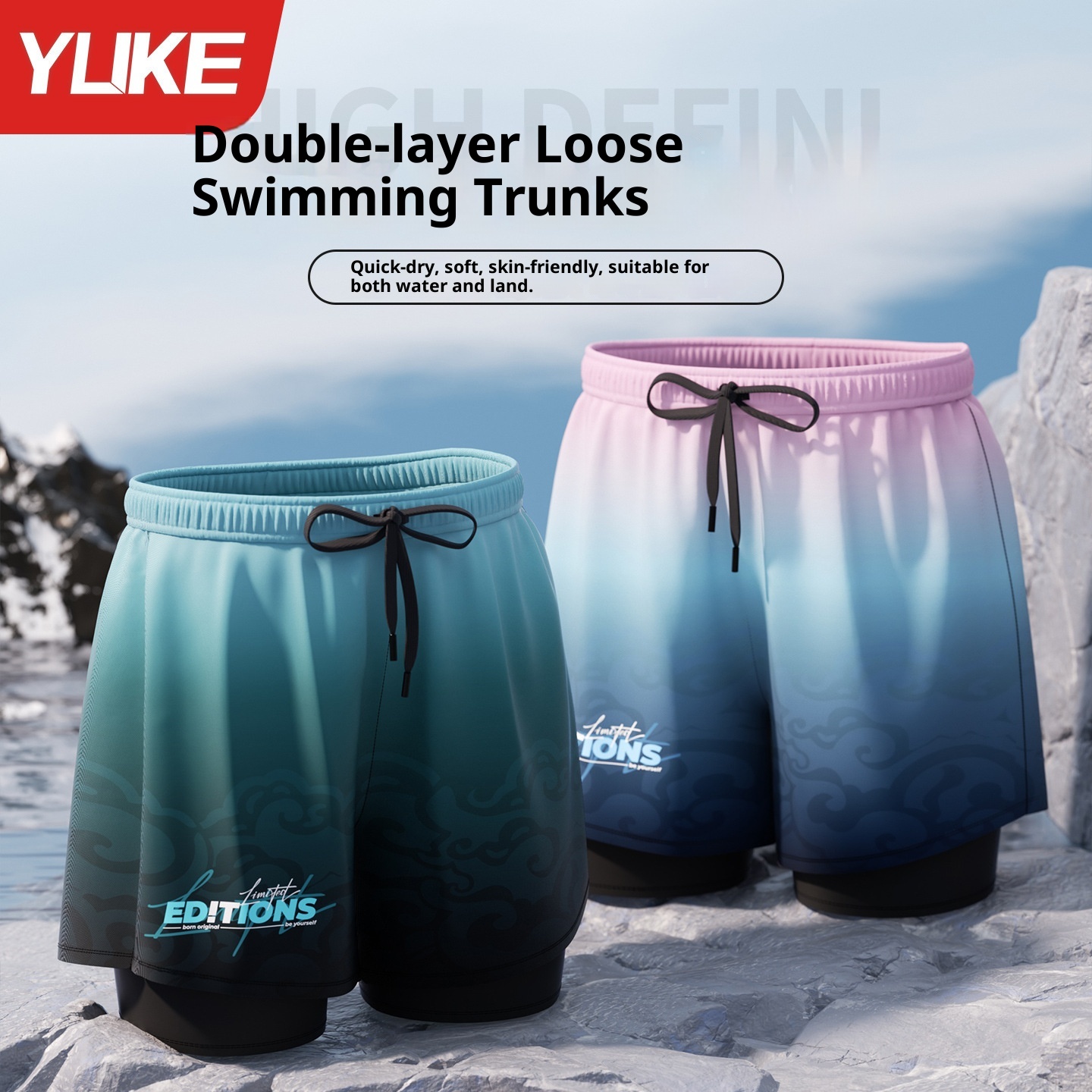 001 Men's Swimming Trunks Adult Five-Point Double-Layer Anti-Embarrassment Professional Training Quick-Dry Plus Size Beach_voghion.com