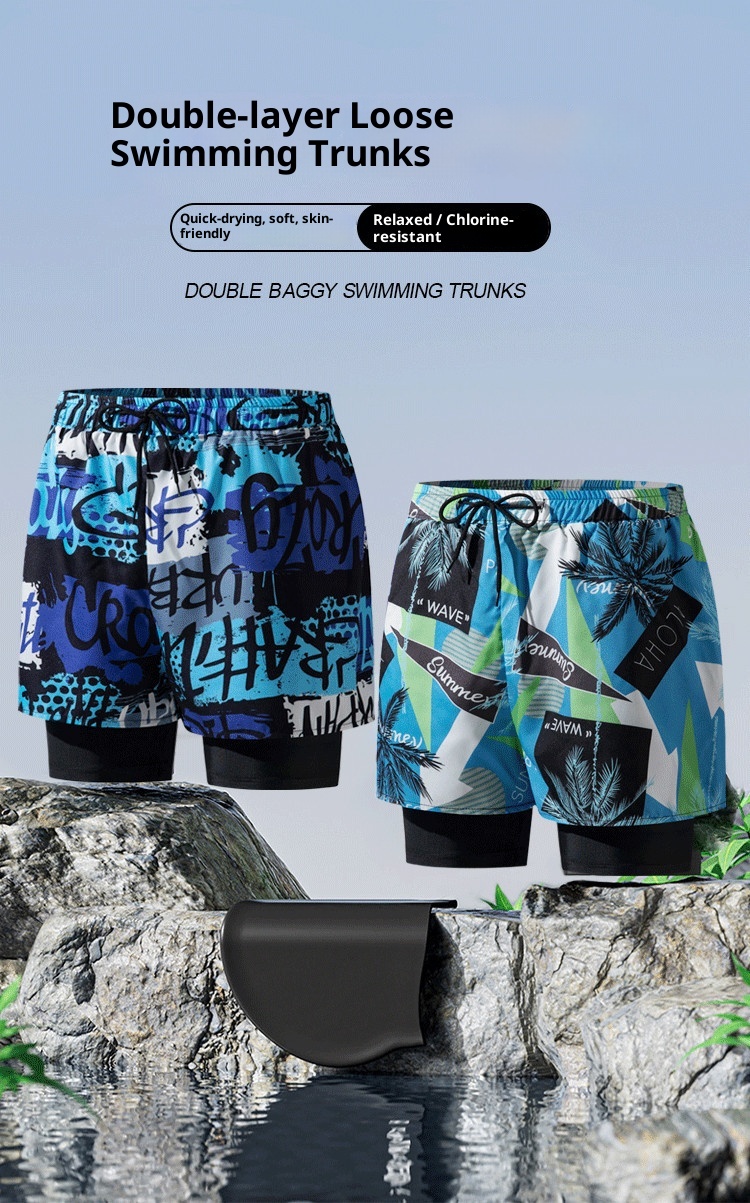 001 Men's Swimming Trunks Adult New Double Layer Anti-Embarrassment Professional Boxer Quick-Dry Fashion Loose High Elastic_voghion.com