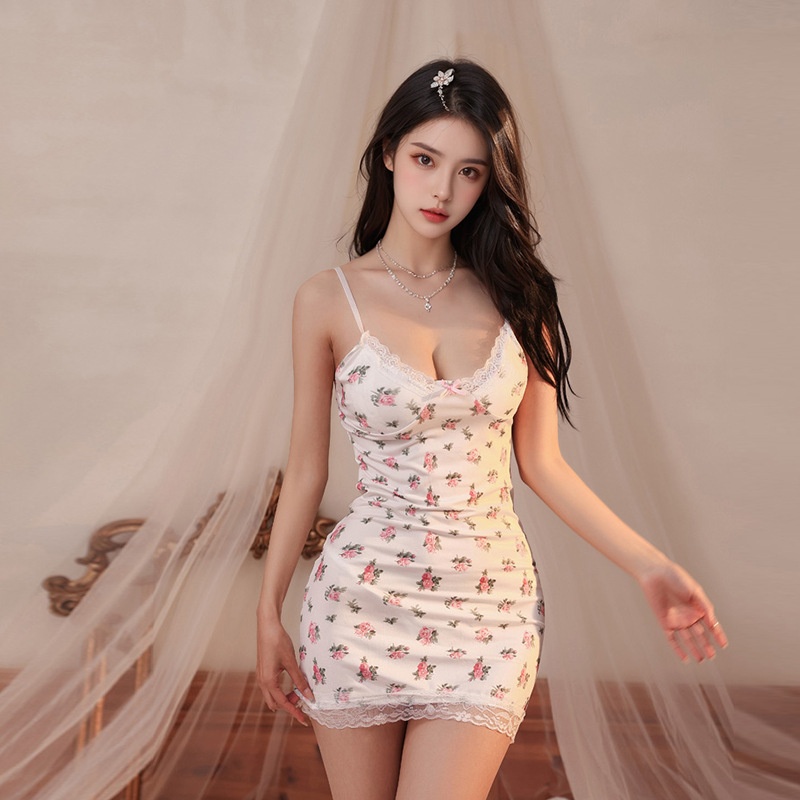 LuvBox Camicia da notte stampata, stile da notte, sexy, aderente, corta, da donna, in seta ghiacciata, con bordo in pizzo, abito floreale Pure Desire_voghion.com