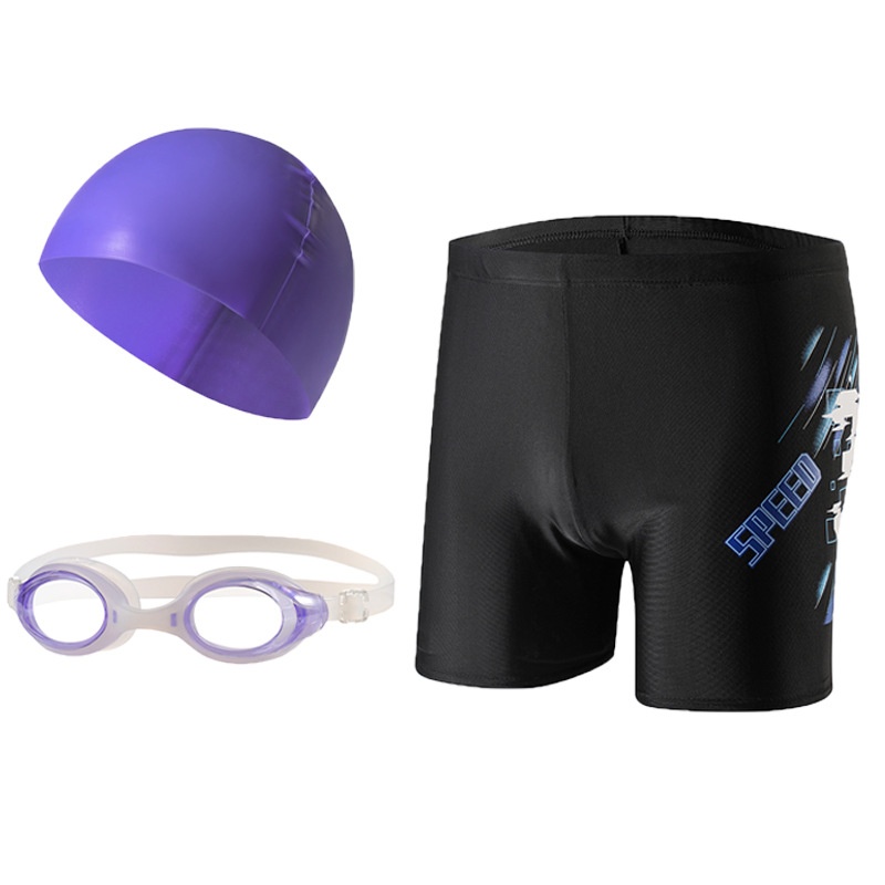 001 Trunks Cap Goggles Three-Piece Set Hot Spring Anti-Embarrassment Beach Shorts Men's Swimming Gear Wholesale Quick-Dry_voghion.com