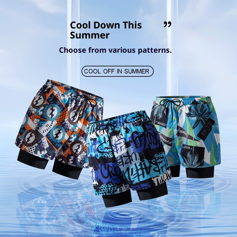 001 Men's Swimming Trunks Adult New Double Layer Anti-Embarrassment Professional Boxer Quick-Dry Fashion Loose High Elastic_voghion.com