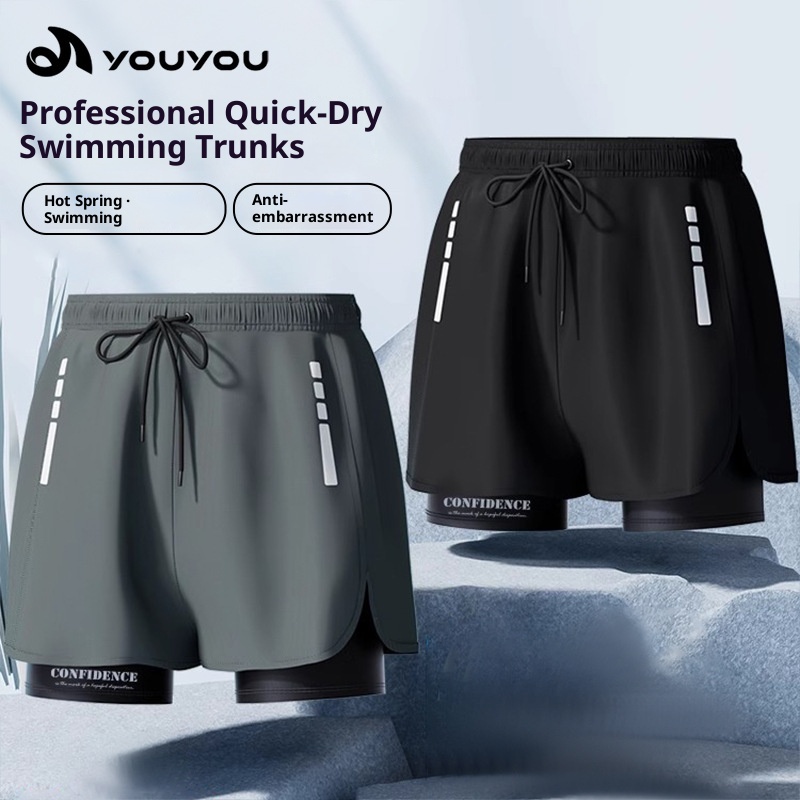 001 Men's Swim Trunks Anti-Embarrassment New Quick-Dry Plus Size Boxer Swimwear Professional Hot Spring Swimming Full Set_voghion.com