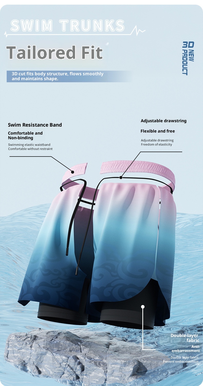 001 Men's Swimming Trunks Adult Five-Point Double-Layer Anti-Embarrassment Professional Training Quick-Dry Plus Size Beach_voghion.com