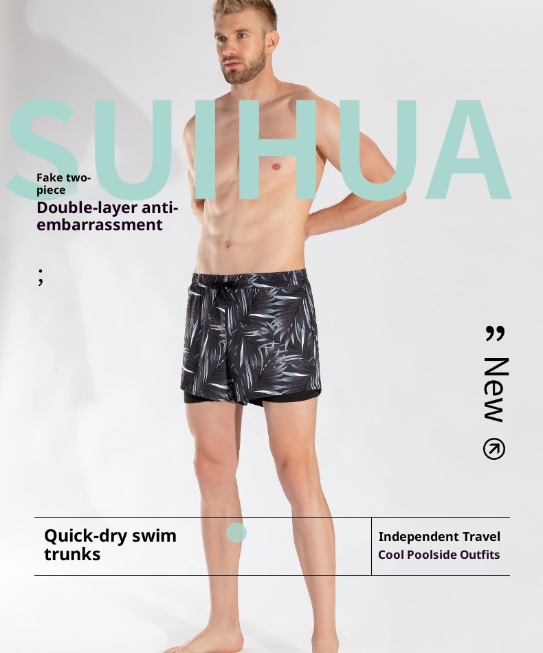 001 Summer New Men's Swim Trunks Anti-Embarrassment Double Layer Quick-Dry Boxer Adult Three-Quarter Swimming Running Hot_voghion.com