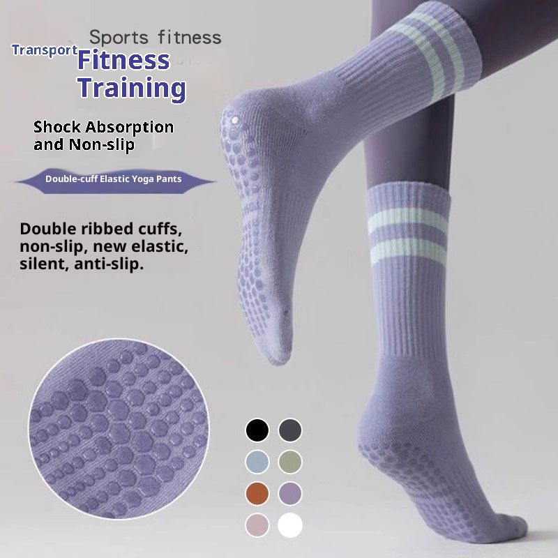 Chaussettes hautes antidérapantes spéciales yoga pour femmes, anti-odeurs, mi-mollet, style pilates, avec motif requin._voghion.com