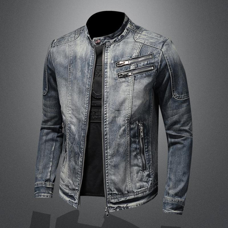ActiveGo ActiveGo 2024 Men's Denim European And American Casual Retro Large Size Stand Collar Zipper Cycling Motorcycle Jacket Trendy_voghion.com