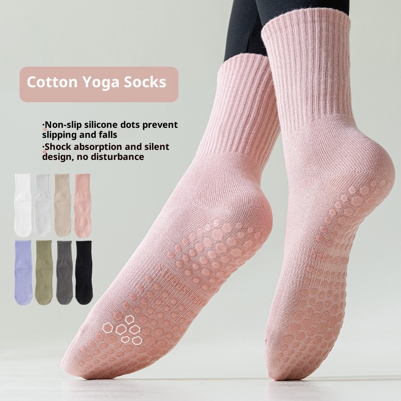 Chaussettes de sport professionnelles en pur coton, mi-mollet, pour femmes, idéales pour le yoga, l'automne et l'hiver. 001 Yoga, mi-mollet, fitness, danse, pilates, antidérapantes._voghion.com