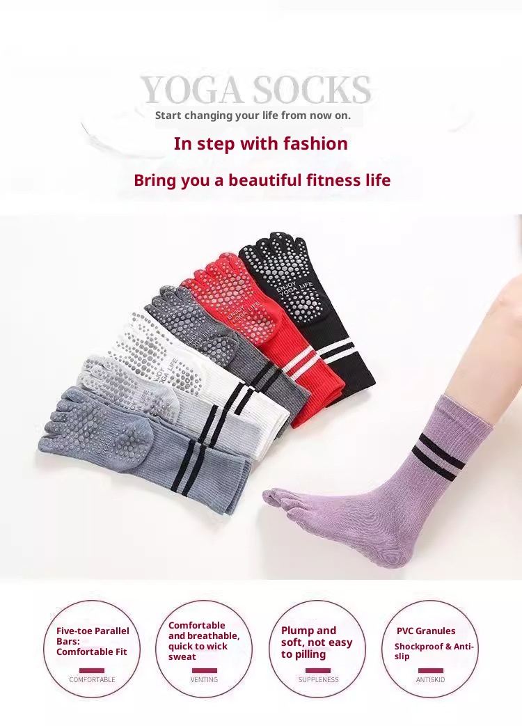 Chaussettes de yoga professionnelles Five-Finger Yoga antidérapantes mi-mollet pour le sport en salle, le Pilates, l'automne et l'hiver, chaudes et chaudes, idéales pour la danse au sol._voghion.com
