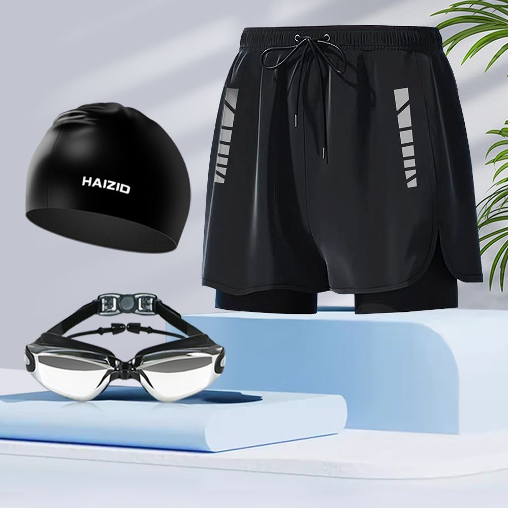 001 Adult Trunks Double Layer Loose Anti-Embarrassment Quick-Dry Swimming Suit Men's Boxer Large Size Swimsuit Hot Spring_voghion.com