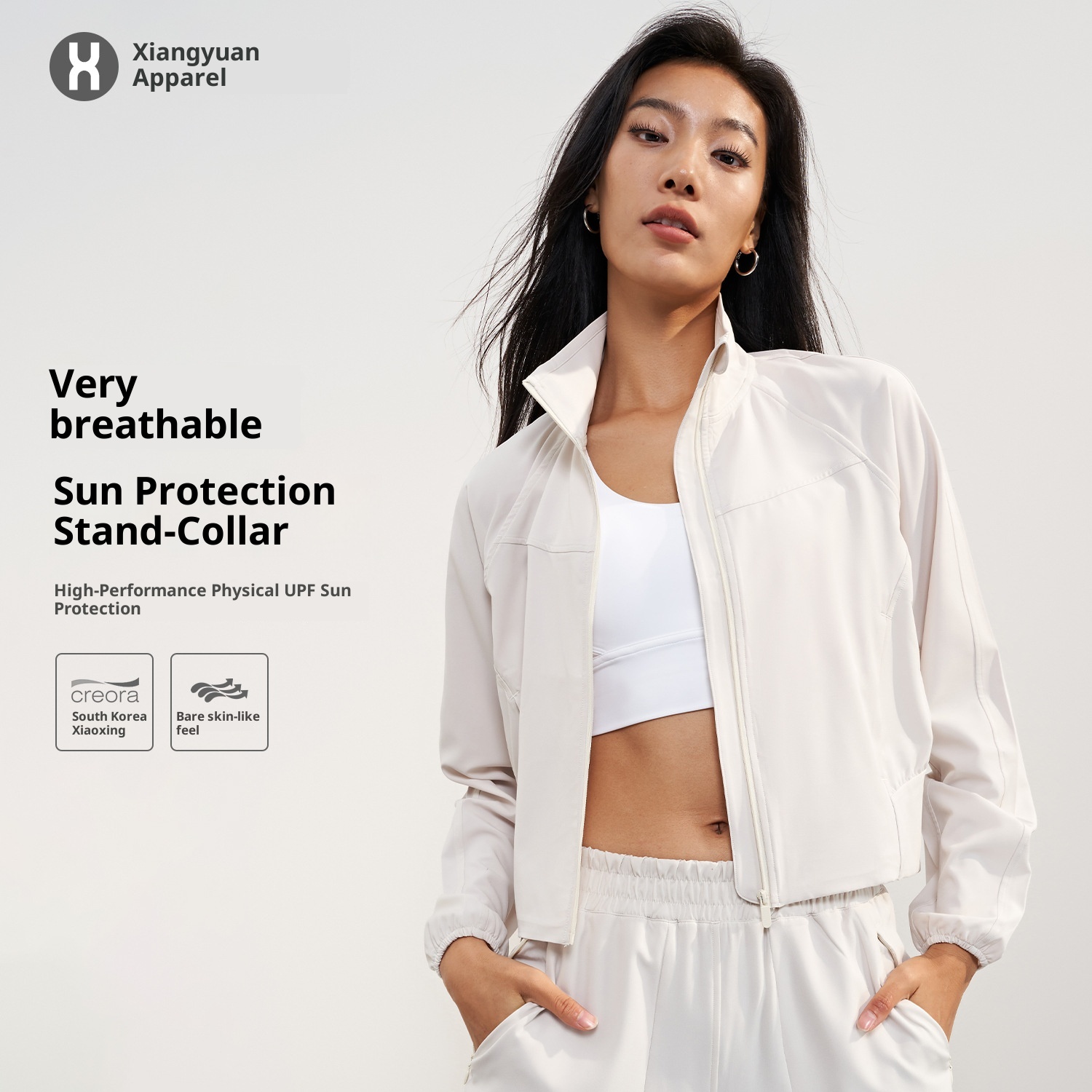 Chemise d'été ActiveGo UPF50+ à col montant tissée pour femme, veste courte amincissante de protection solaire pour l'extérieur, vêtements de sport amples pour le yoga_voghion.com