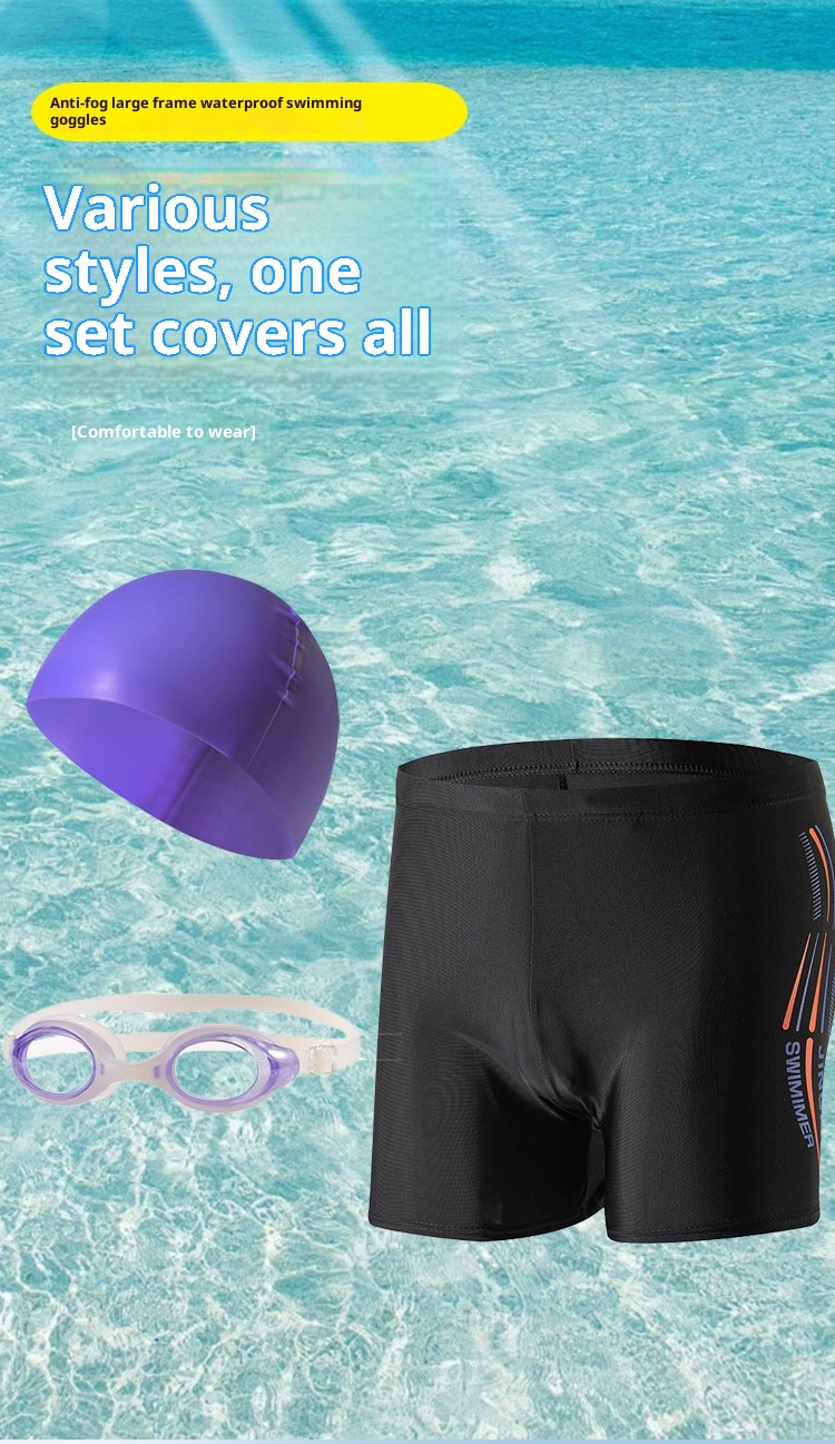 001 Trunks Cap Goggles Three-Piece Set Hot Spring Anti-Embarrassment Beach Shorts Men's Swimming Gear Wholesale Quick-Dry_voghion.com