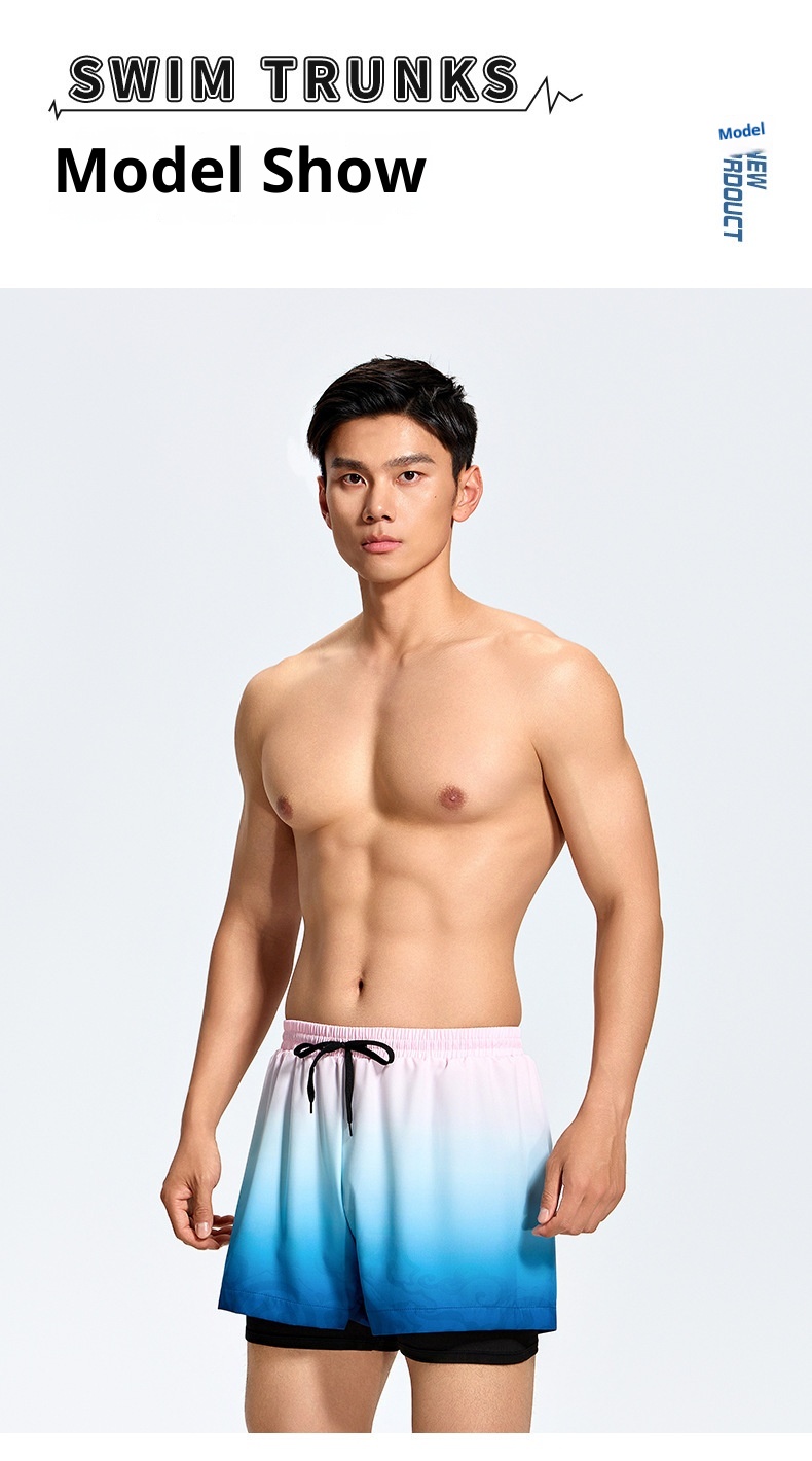 001 Men's Swimming Trunks Adult Five-Point Double-Layer Anti-Embarrassment Professional Training Quick-Dry Plus Size Beach_voghion.com