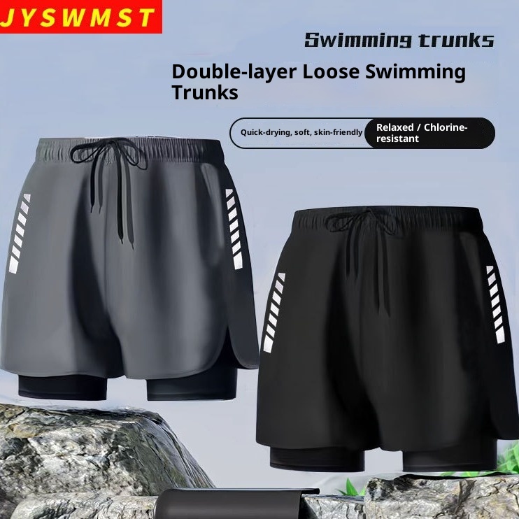 001 New Men's Trunks Double Layer Anti-Embarrassment Quick-Dry Plus Size Boxer Adult Swimwear Beach Shorts Swimming Gear_voghion.com