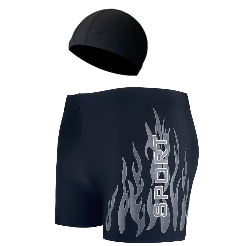 001 Men's Adult Quick-Dry Loose Swimwear Plus Size Boxer With Swim Cap Set Vacation Swimming Trunks_voghion.com