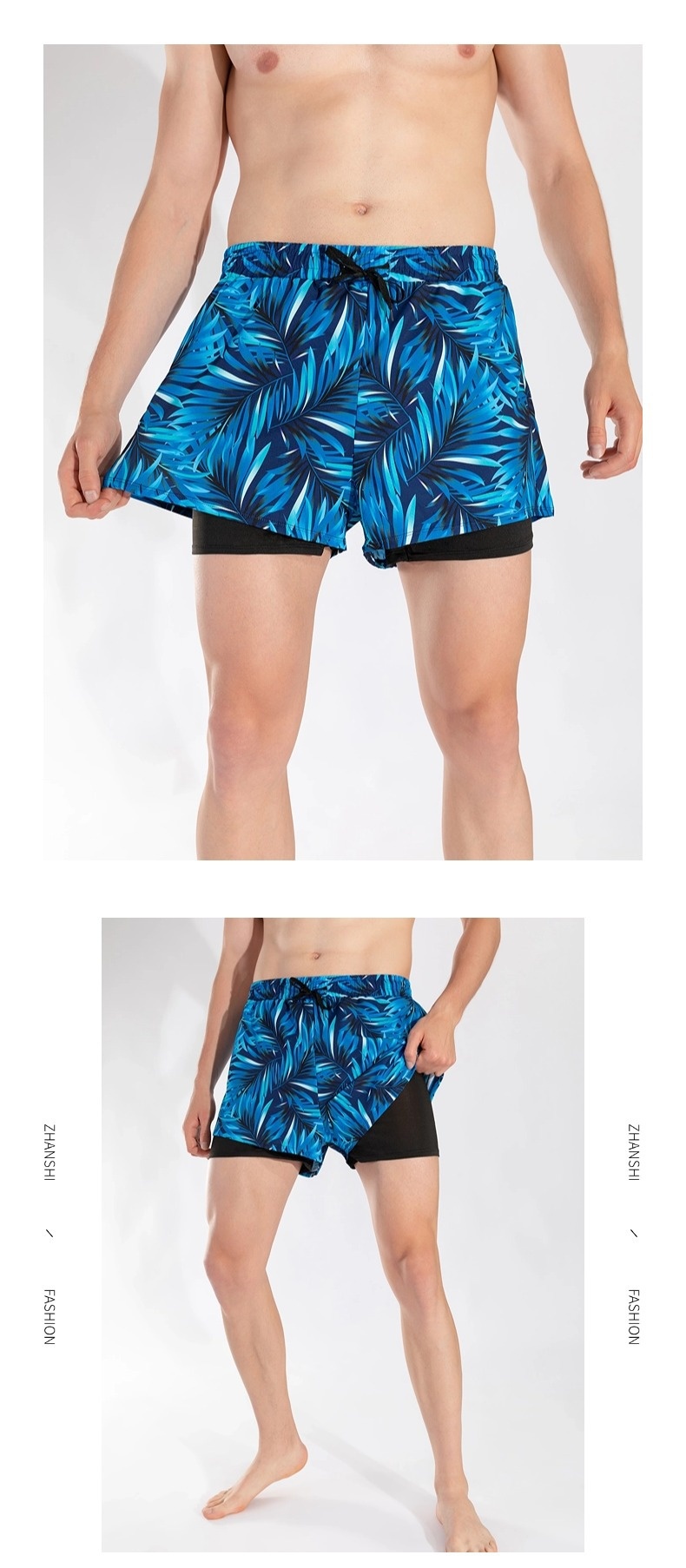 001 Summer New Men's Swim Trunks Anti-Embarrassment Double Layer Quick-Dry Boxer Adult Three-Quarter Swimming Running Hot_voghion.com