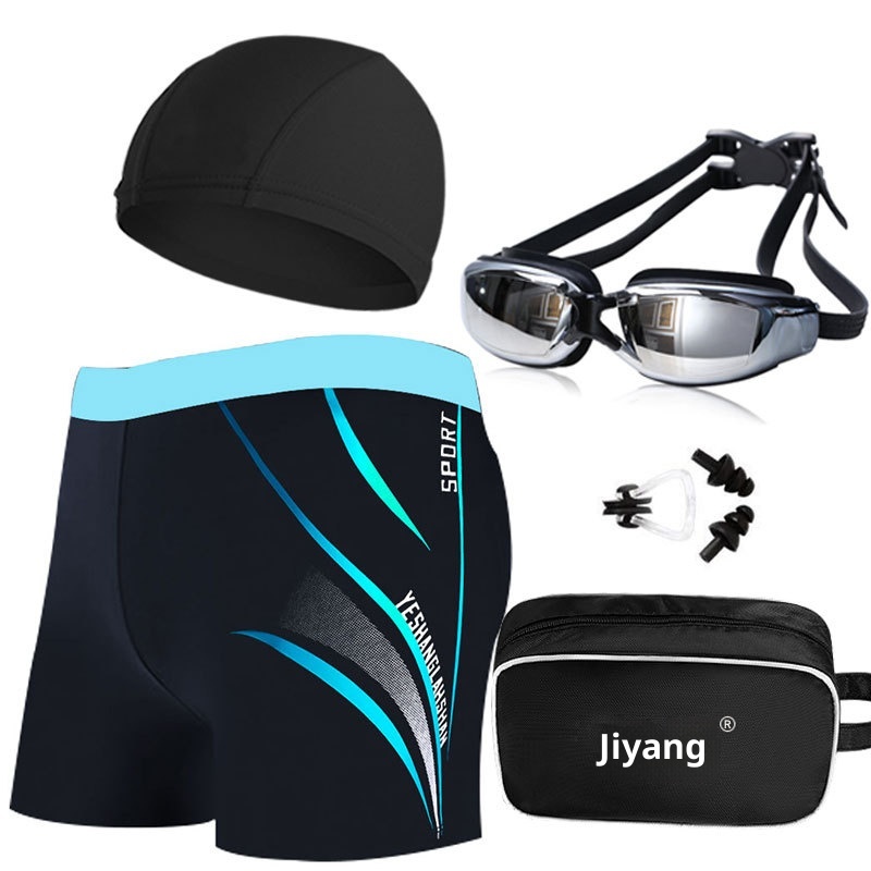 001 Herren Anti-Peinlichkeit Schnelltrocknende Boxershorts mit breitem Schirm Lockere Badehose für Erwachsene Farbblock Badehosen-Set für heiße Quellen_voghion.com